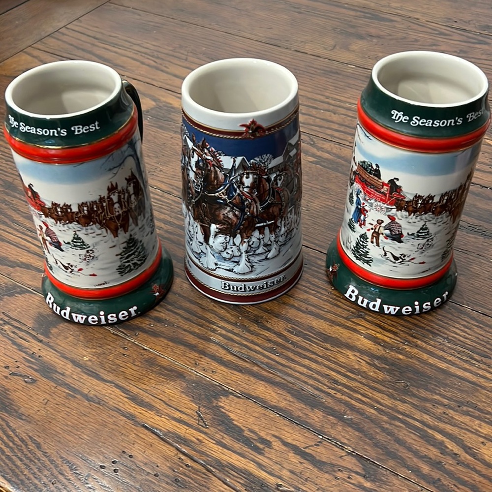 Set of three Christmas Budweiser steins